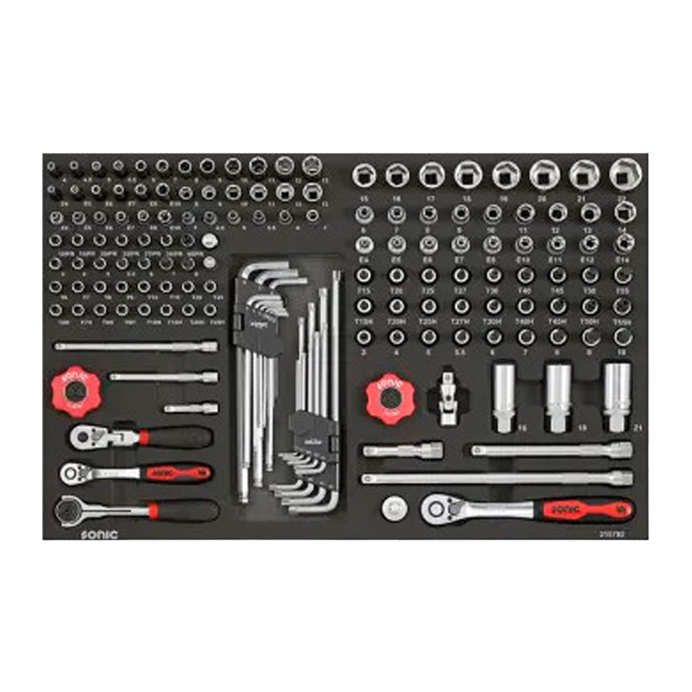Sonic S13 workshop trolley - foam organizer filled with a set of socket bits, extensions and three ratchets