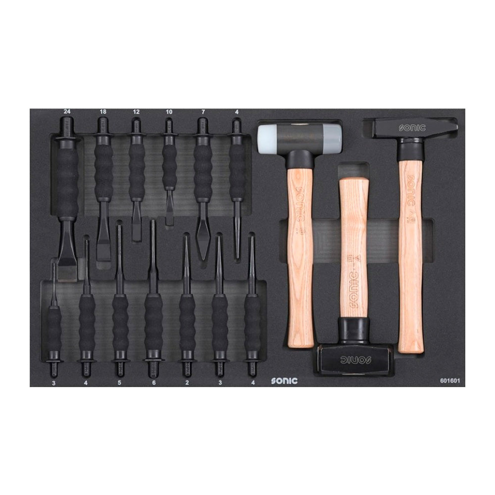 Sonic S13 workshop trolley - tool insert with locksmith's hammers, recoilless hammers and a set of punches and cutters