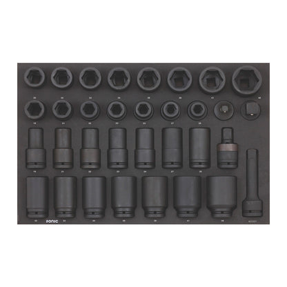 Sonic S13 workshop cart - insert with large black impact sockets in sizes from nineteen to forty-six millimeters