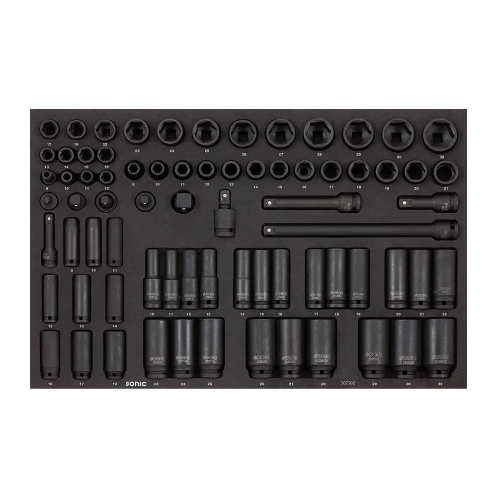 Sonic S13 workshop trolley - insert containing a set of black impact sockets, reductions and impact extensions