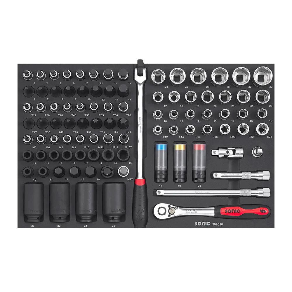Sonic S13 workshop trolley - drawer insert with black impact sockets, long socket bits and sliding T-knob