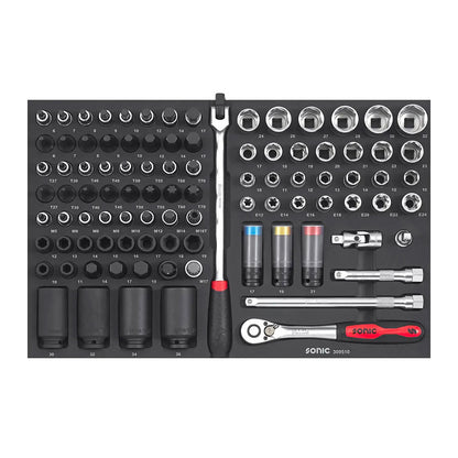 Sonic S13 workshop trolley - drawer insert with black impact sockets, long socket bits and sliding T-knob