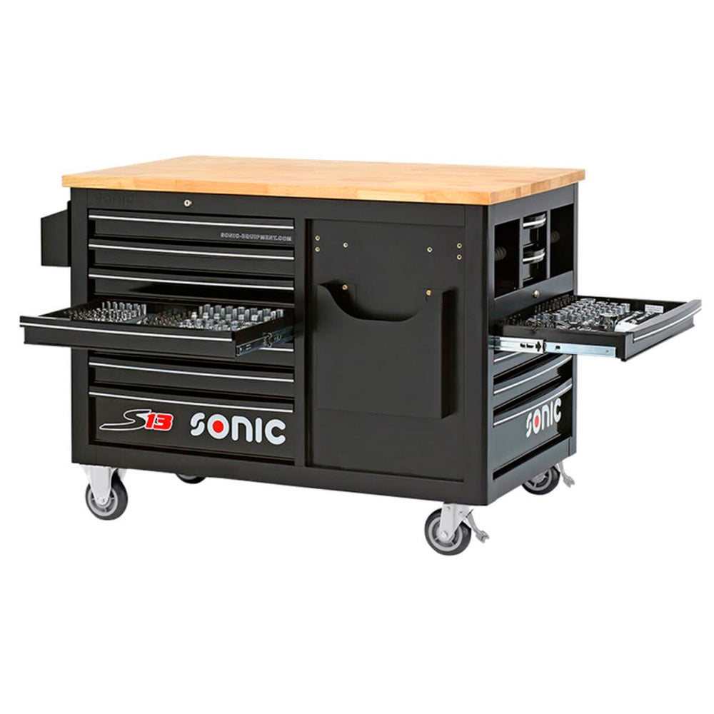 Black Sonic S13 workshop trolley with oak top and open front and side drawers, angled view