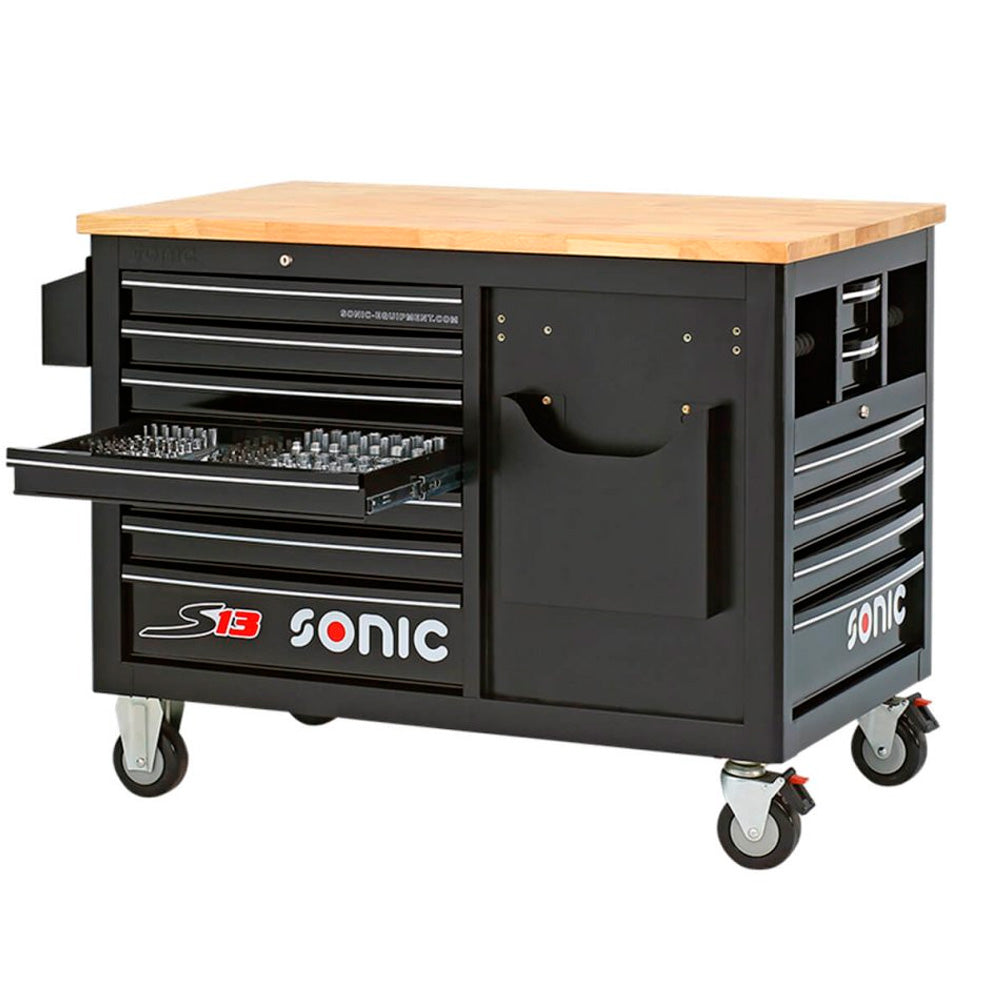 Black Sonic S13 workshop trolley with oak top and extended front drawer with socket wrenches