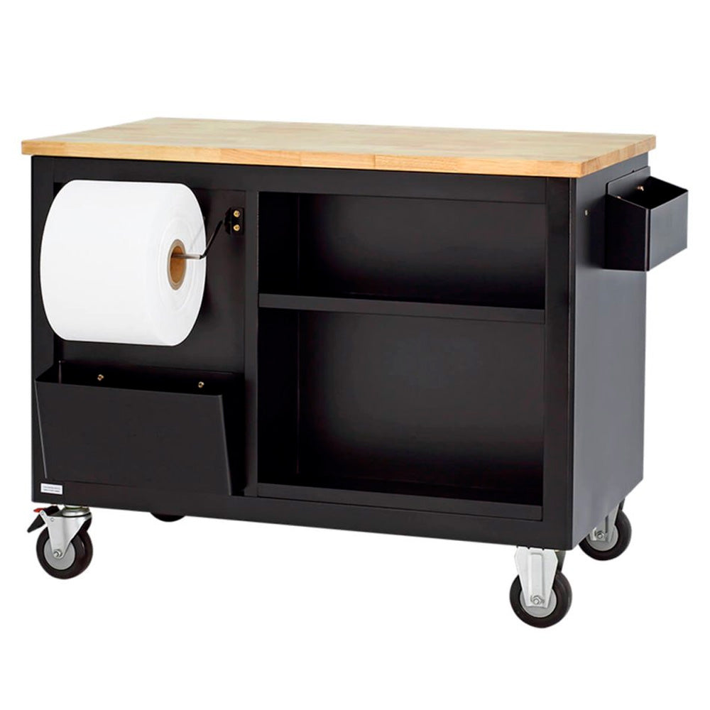 Black Sonic S13 workshop cart - rear view with open shelves, paper holder and waste bin