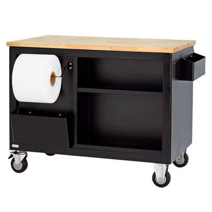 Black Sonic S13 workshop cart - rear view with open shelves, paper holder and waste bin