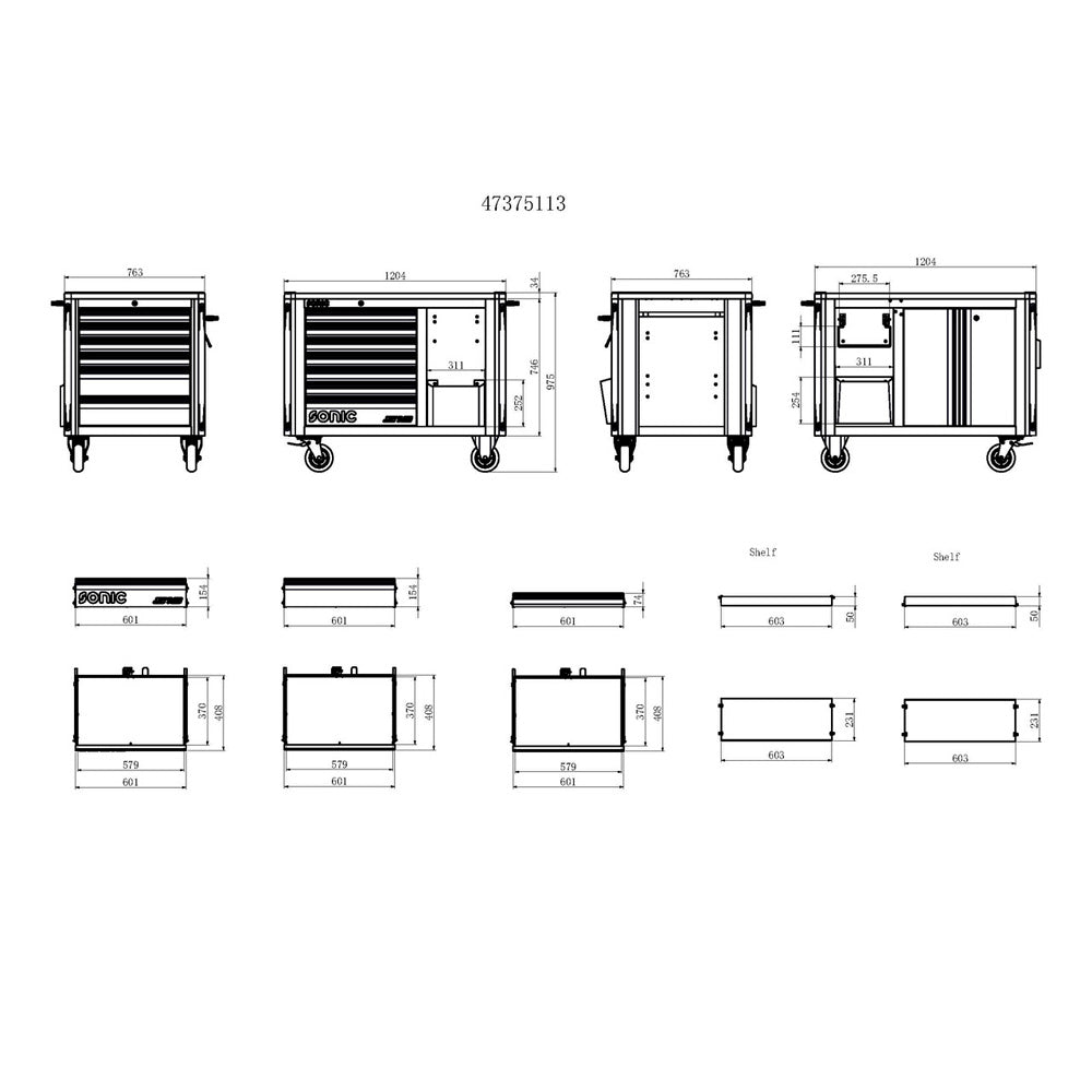 Sonic S13 workshop trolley - technical graphics presenting dimensions from the side, front, top and internal dimensions of the drawers