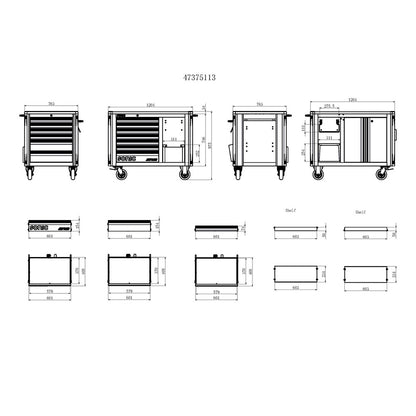 Sonic S13 workshop trolley - technical graphics presenting dimensions from the side, front, top and internal dimensions of the drawers