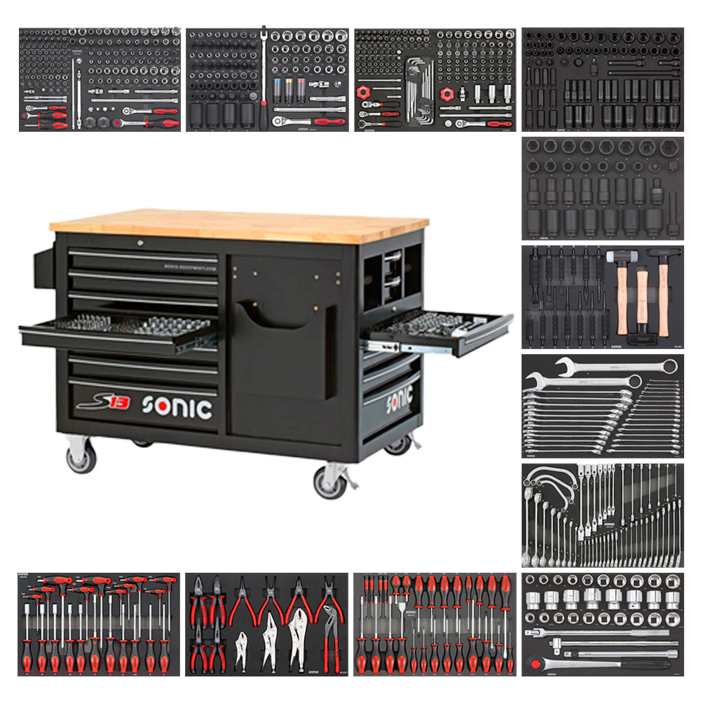 Sonic S13 workshop trolley in black with an oak top and complete equipment, five hundred and forty elements in foam inserts