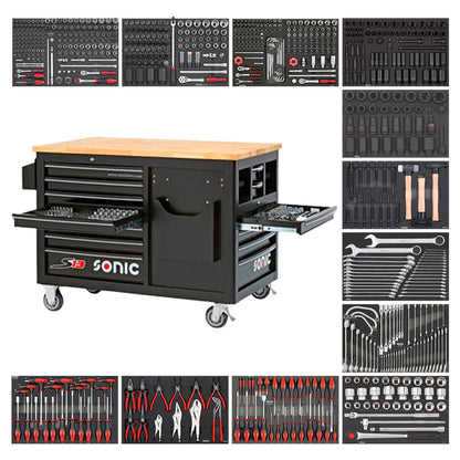 Sonic S13 workshop trolley in black with an oak top and complete equipment, five hundred and forty elements in foam inserts