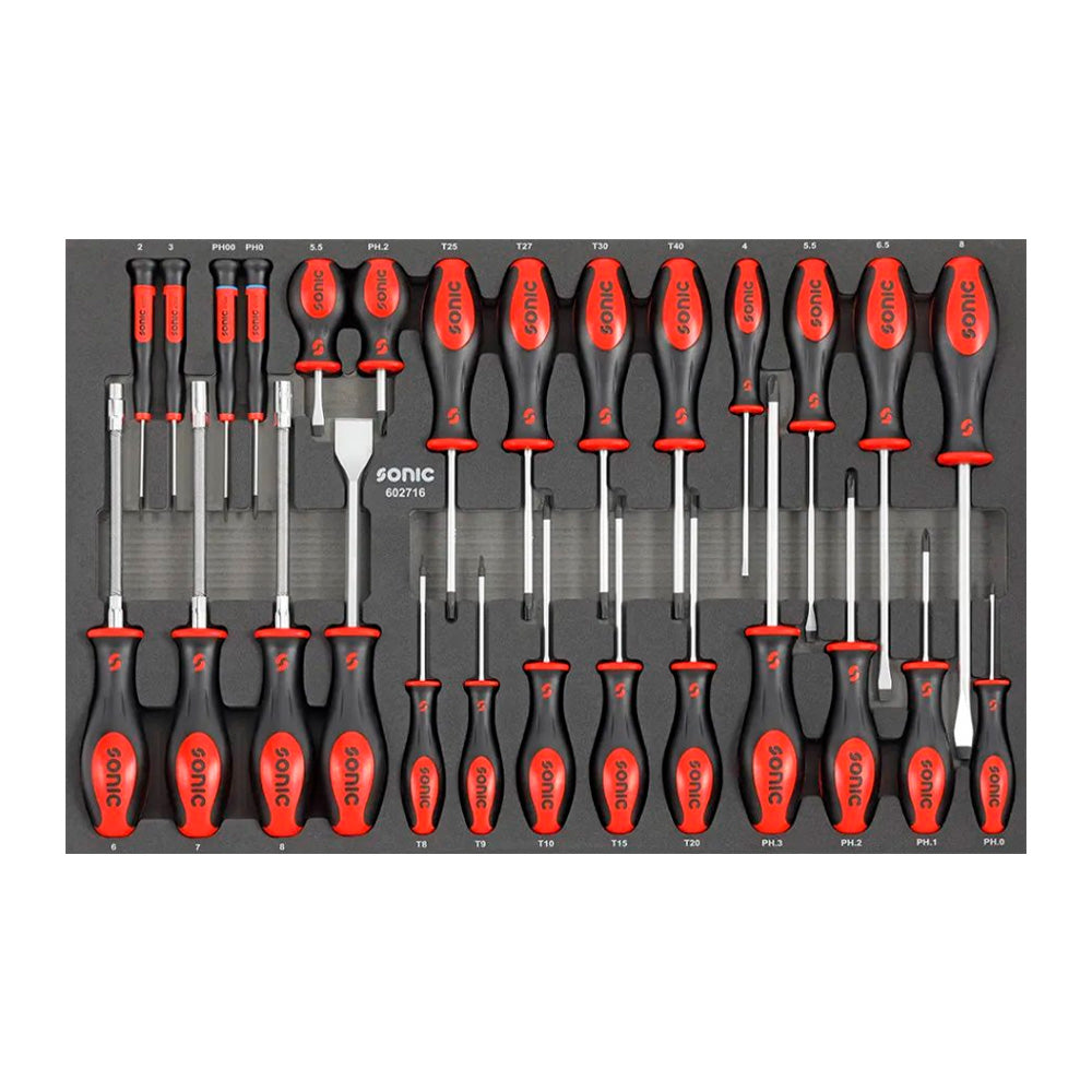 Sonic S13 workshop trolley - drawer organizer with a wide range of flat, Phillips and Torx screwdrivers