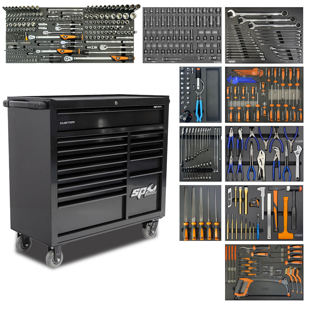 Wózek warsztatowy z wyposażeniem SP Tools Custom Series SP01150C oraz 10 wkładami z narzędziami EVA.