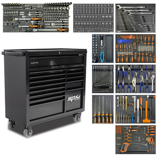 Wózek warsztatowy z wyposażeniem SP Tools Custom Series SP01150C oraz 10 wkładami z narzędziami EVA.