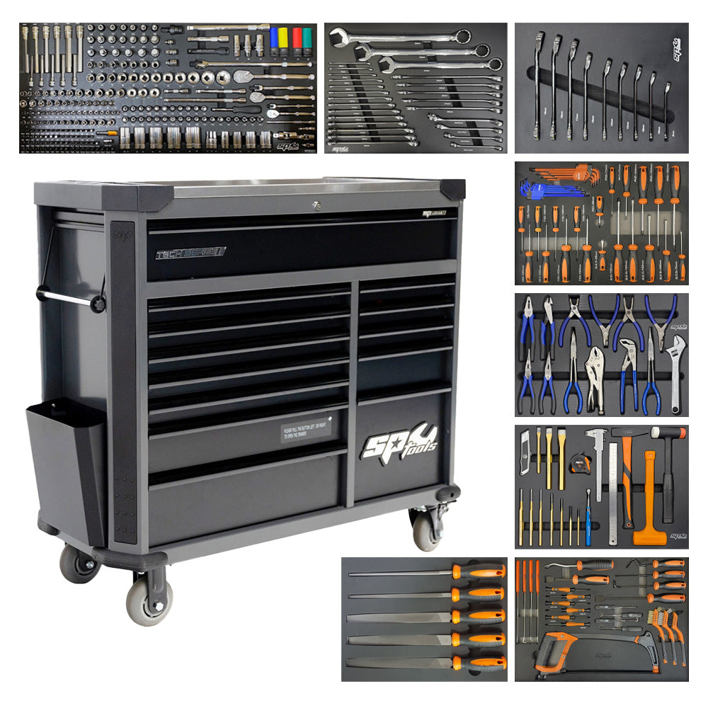 Wózek warsztatowy z wyposażeniem SP Tools Tech Series czarny i 8 wkładów piankowych EVA.