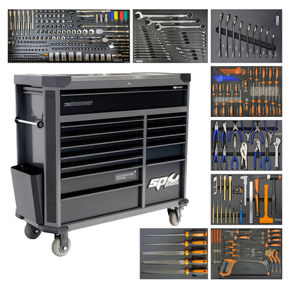Wózek warsztatowy z wyposażeniem SP Tools Tech Series czarny i 8 wkładów piankowych EVA.