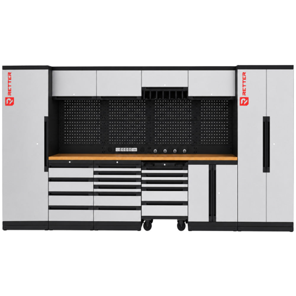 Retter RT-2000 workshop structure with cabinets and perforated walls - straight view.