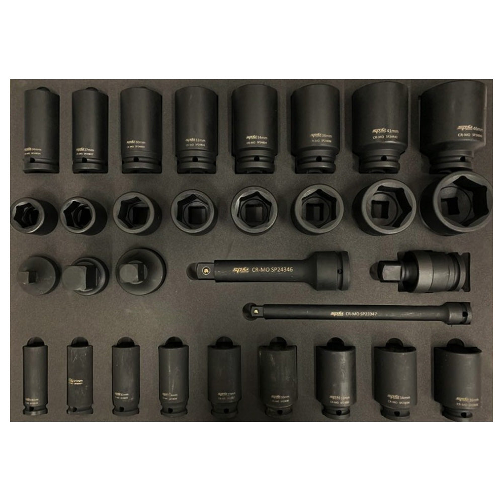 Zestaw ciężkich nasadek udarowych 1/2 i 3/4 cala SP Tools SP00664 we wkładzie piankowym.