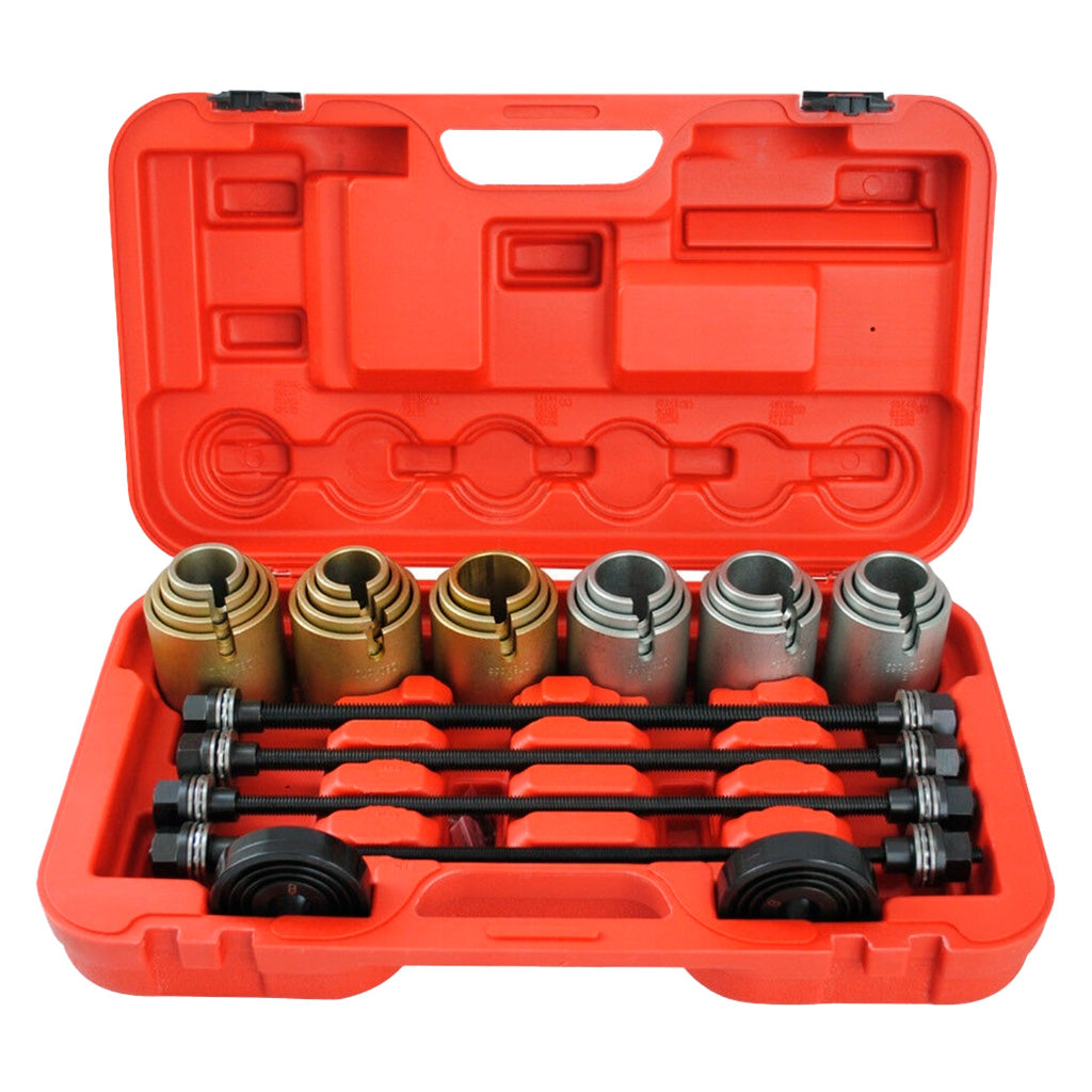 Zestaw do wyciskania i wprasowywania tulei oraz łożysk – profesjonalny komplet narzędzi w czerwonej walizce do pracy z zawieszeniem