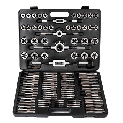 Zestaw 110 gwintowników i narzynek metrycznych M2–M18 w czarnej walizce, z uchwytami i akcesoriami do precyzyjnego gwintowania wewnętrznego i zewnętrznego.