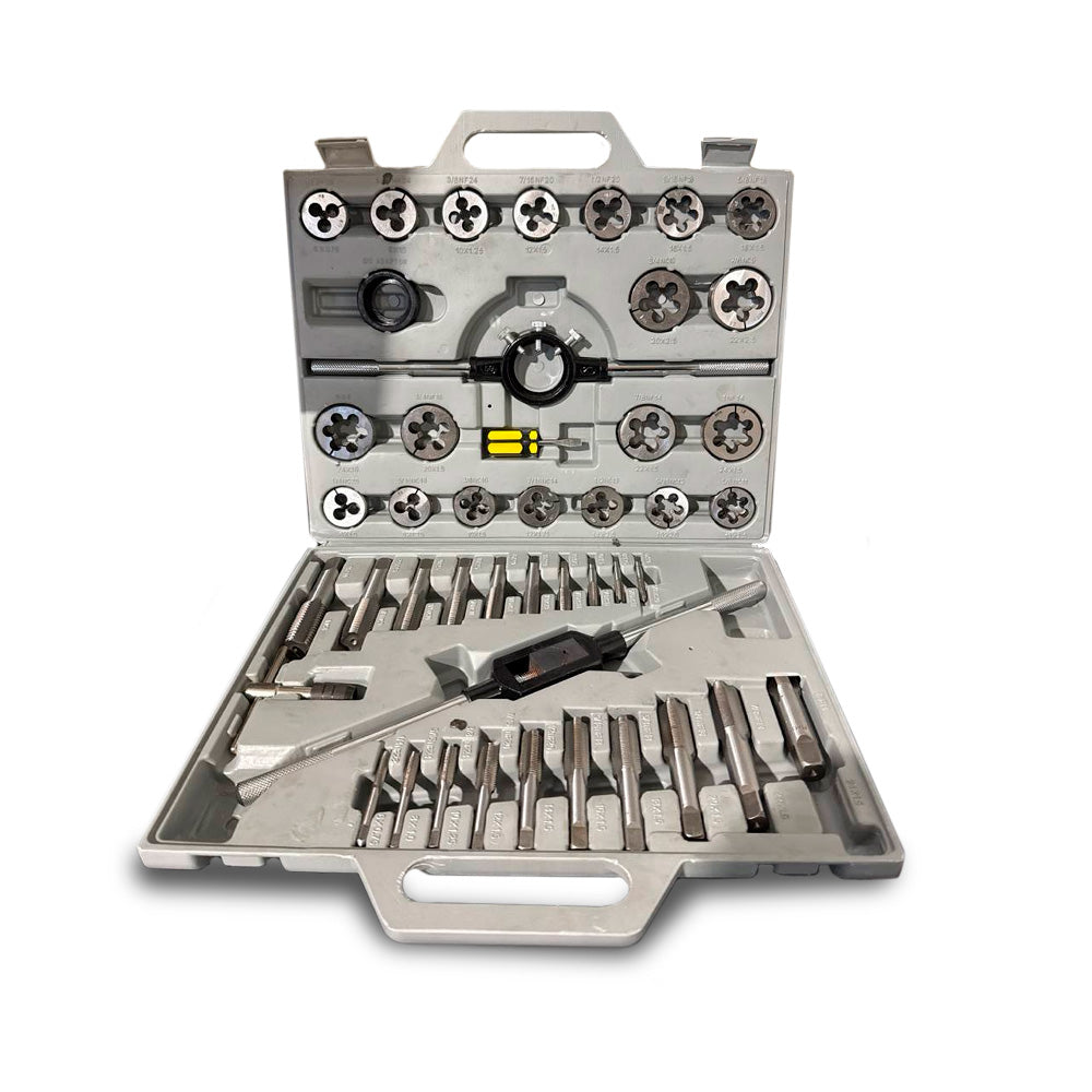 Profesjonalny zestaw gwintowników i narzynek 45 sztuk w metalowej walizce, do gwintowania wewnętrznego i zewnętrznego