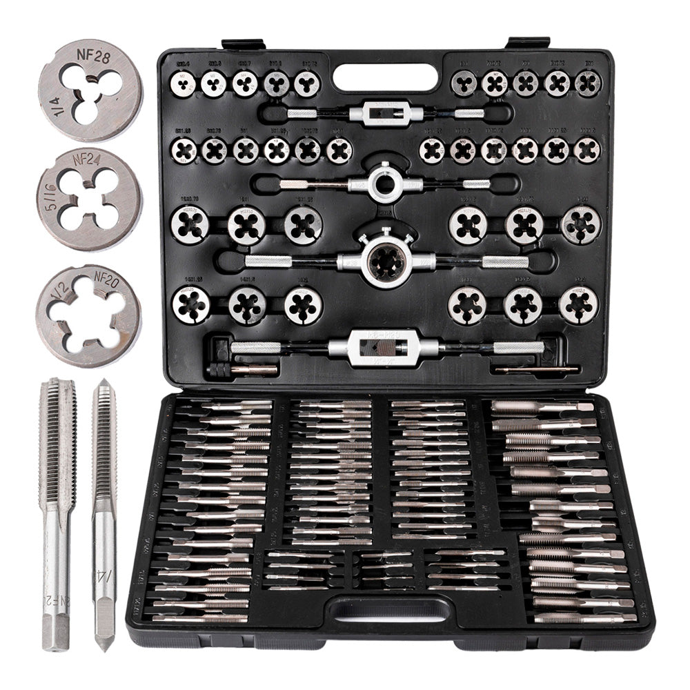 Kompletny zestaw 110 elementów M2–M18 z gwintownikami, narzynkami i uchwytami w czarnej walizce do precyzyjnego gwintowania.