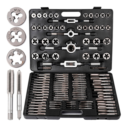 Kompletny zestaw 110 elementów M2–M18 z gwintownikami, narzynkami i uchwytami w czarnej walizce do precyzyjnego gwintowania.