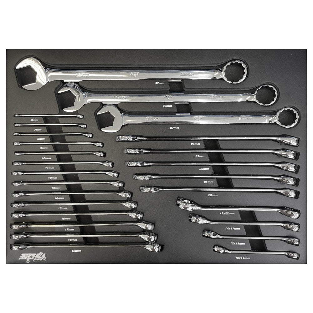Zestaw kluczy plasko-oczkowych SP Tools SP50013EU w czarnym wkladzie piankowym EVA do szafki.