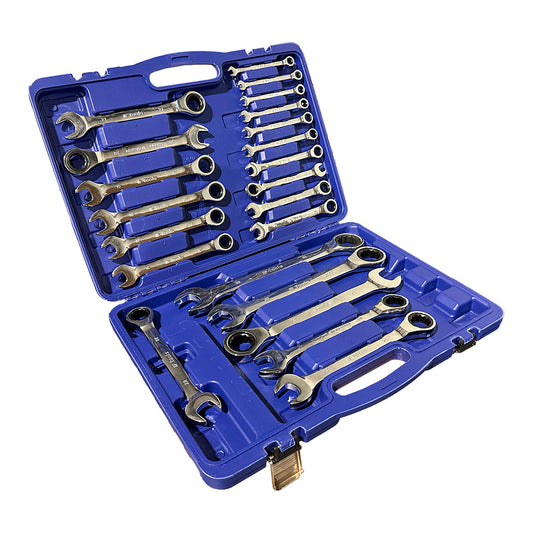 Zestaw 22 kluczy płasko-oczkowych z grzechotką w walizce – pełny zakres rozmiarów, szybka praca i solidne wykonanie do zastosowań warsztatowych