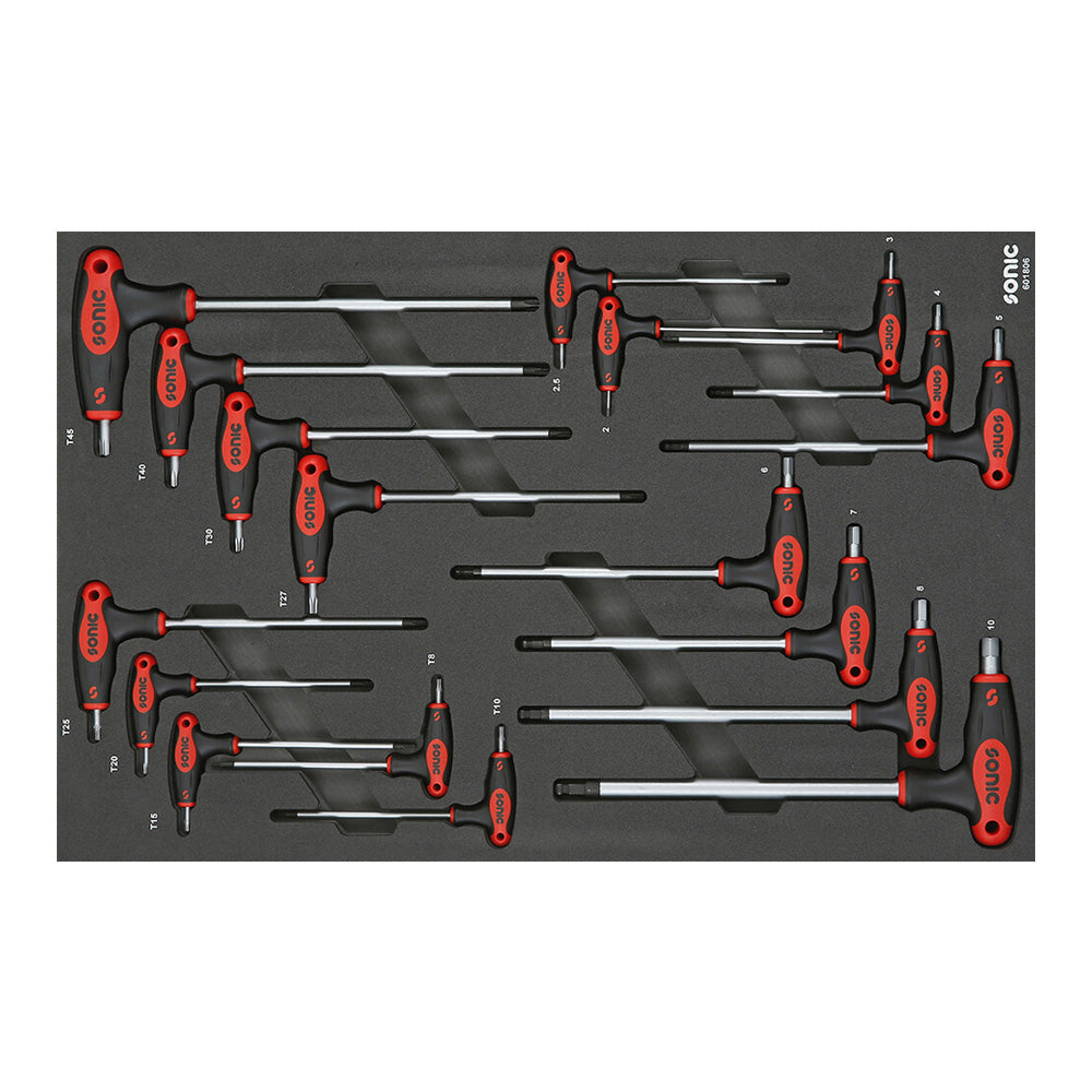 Zestaw kluczy typu T Hex i Torx Sonic 601806 w czarnym wkładzie piankowym EVA.
