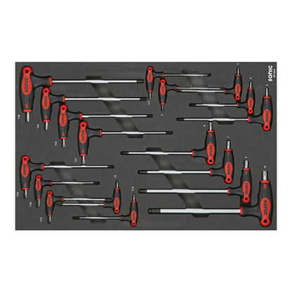 Zestaw kluczy typu T Hex i Torx Sonic 601806 w czarnym wkładzie piankowym EVA.