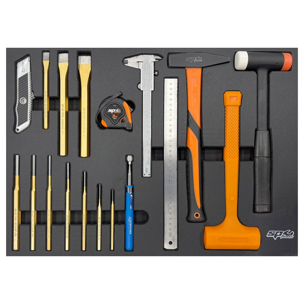 Zestaw mlotkow i przecinakow SP Tools SP00503 w czarnym wkladzie piankowym EVA do szafki.