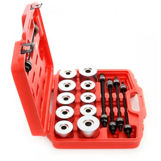 Zestaw do montażu i demontażu tulei w czerwonej walizce, z kompletem metalowych tulei oraz śrub prowadzących do prac serwisowych przy zawieszeniu pojazdów.