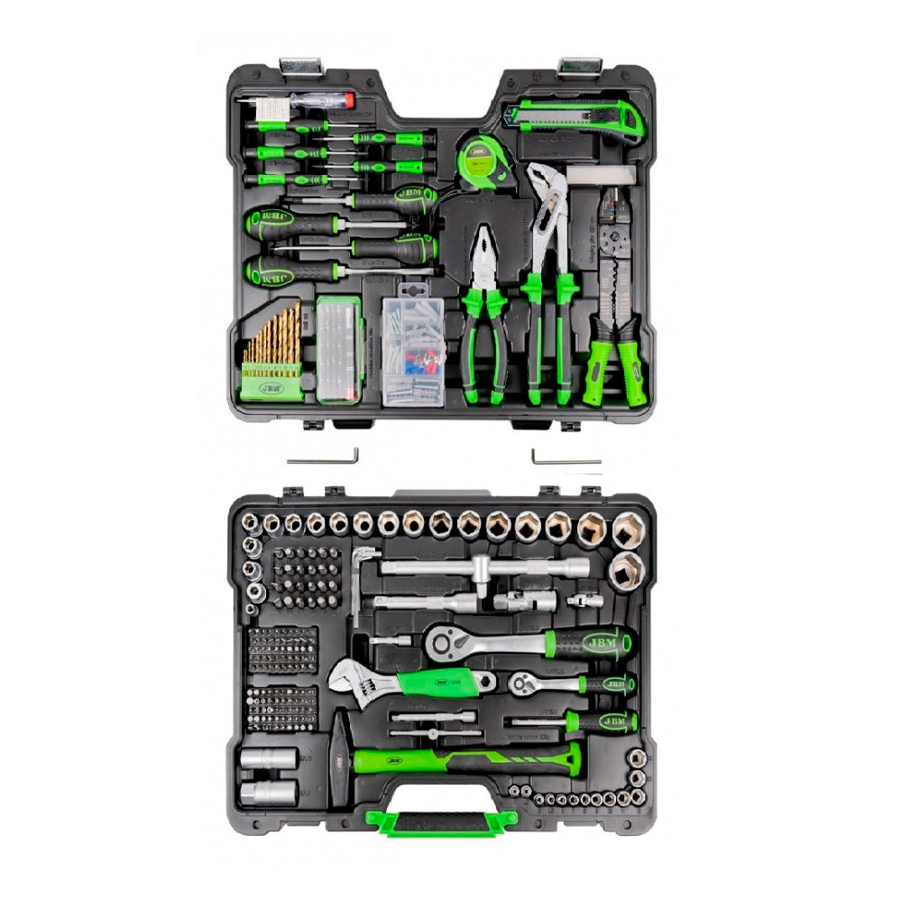 Zestaw narzędzi Zestaw narzędzi JBM 53212, 303 elementy, 1/2" + 1/4", stal CR-V – szczegółowy widok elementów zestawu i wyposażenia