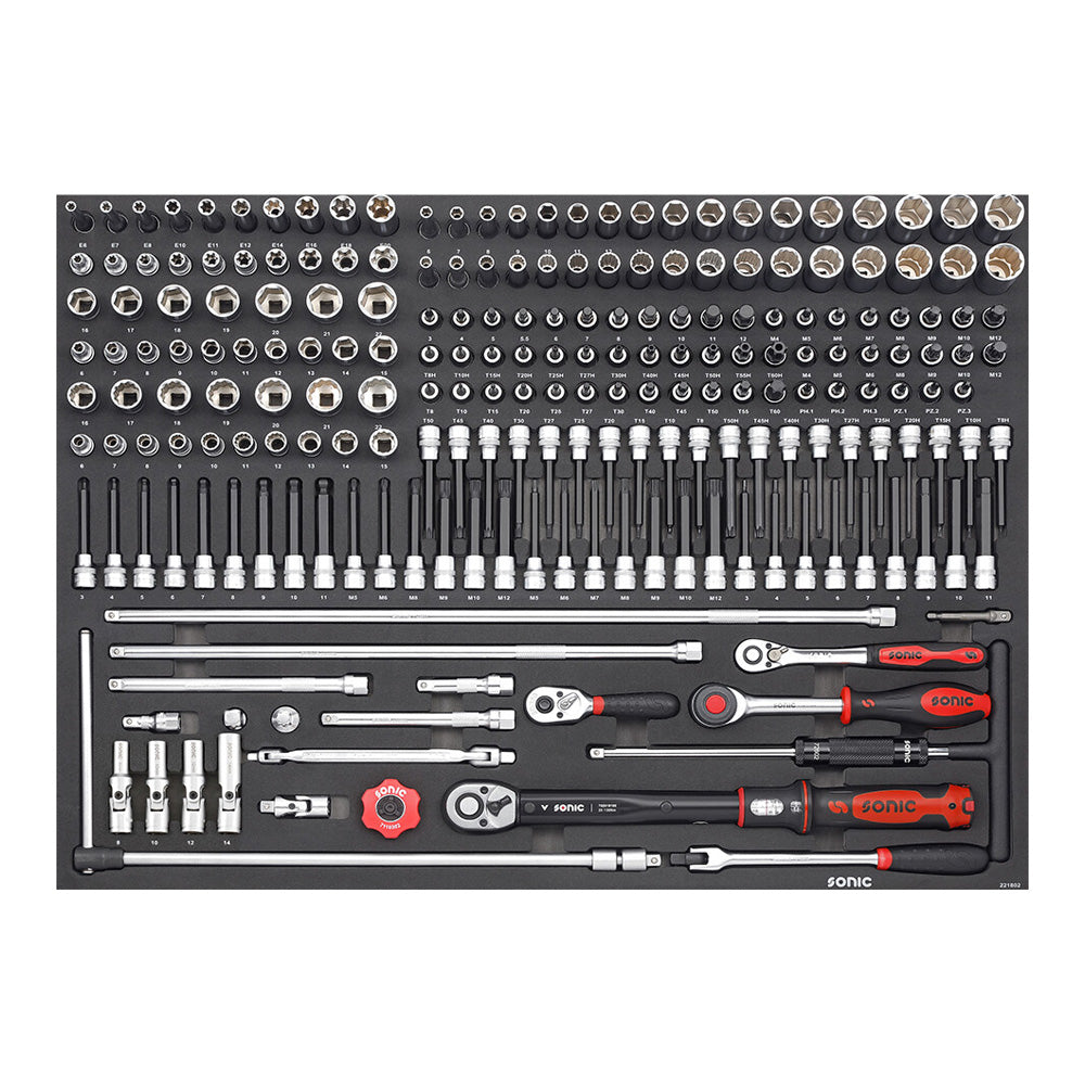 Zestaw nasadek 3/8 cala Sonic 221803 218 elementow w czarnym wkladzie piankowym SFS-XL.