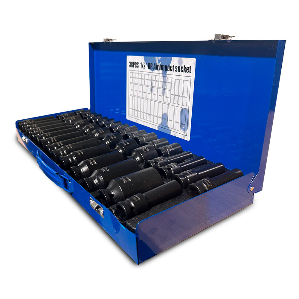 Zestaw nasadek udarowych Metallo 1/2 cala, 38 sztuk w stalowej walizce, widok z boku z krótkimi i długimi nasadkami