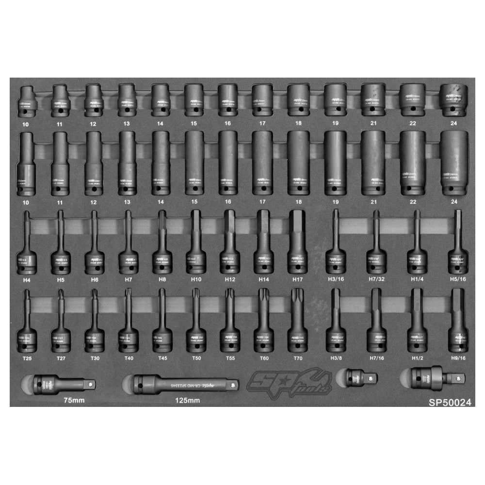 Zestaw nasadek udarowych SP Tools SP50024 w czarnym wkładzie piankowym EVA.