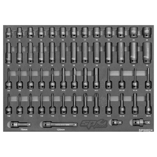 Zestaw nasadek udarowych SP Tools SP50024 w czarnym wkładzie piankowym EVA.