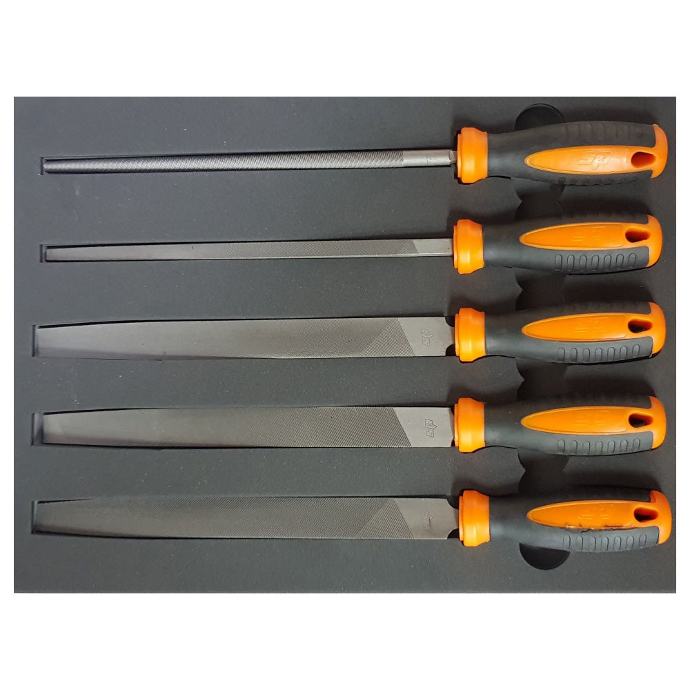 Zestaw pilników do metalu SP Tools SP00565 z pomarańczowo-czarnymi rękojeściami we wkładzie piankowym.
