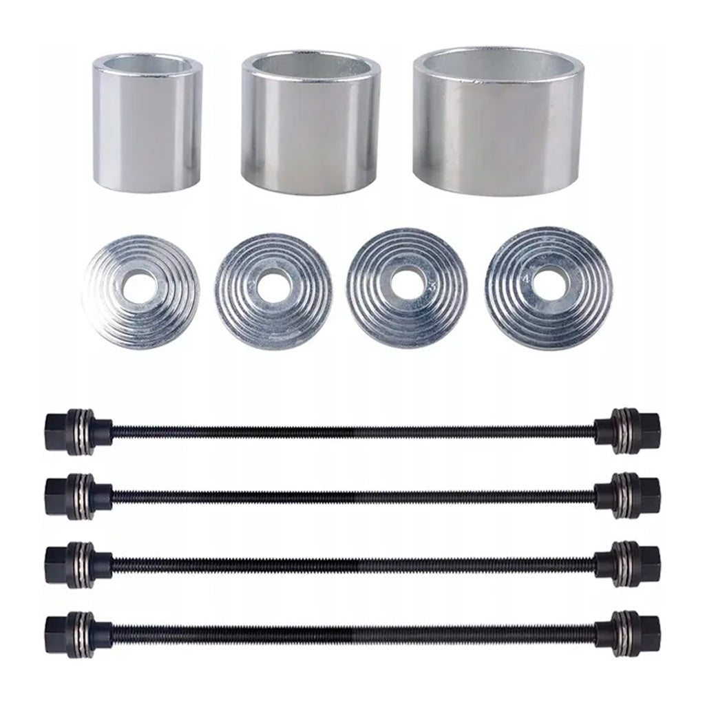 Elementy zestawu ściągaczy tulei wahacza – tuleje metalowe, tarcze prowadzące i śruby do montażu i demontażu tulei zawieszenia