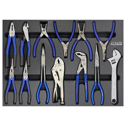 Zestaw szczypiec i klucza nastawnego SP Tools SP50075 z niebieskimi rękojeściami we wkładzie piankowym.