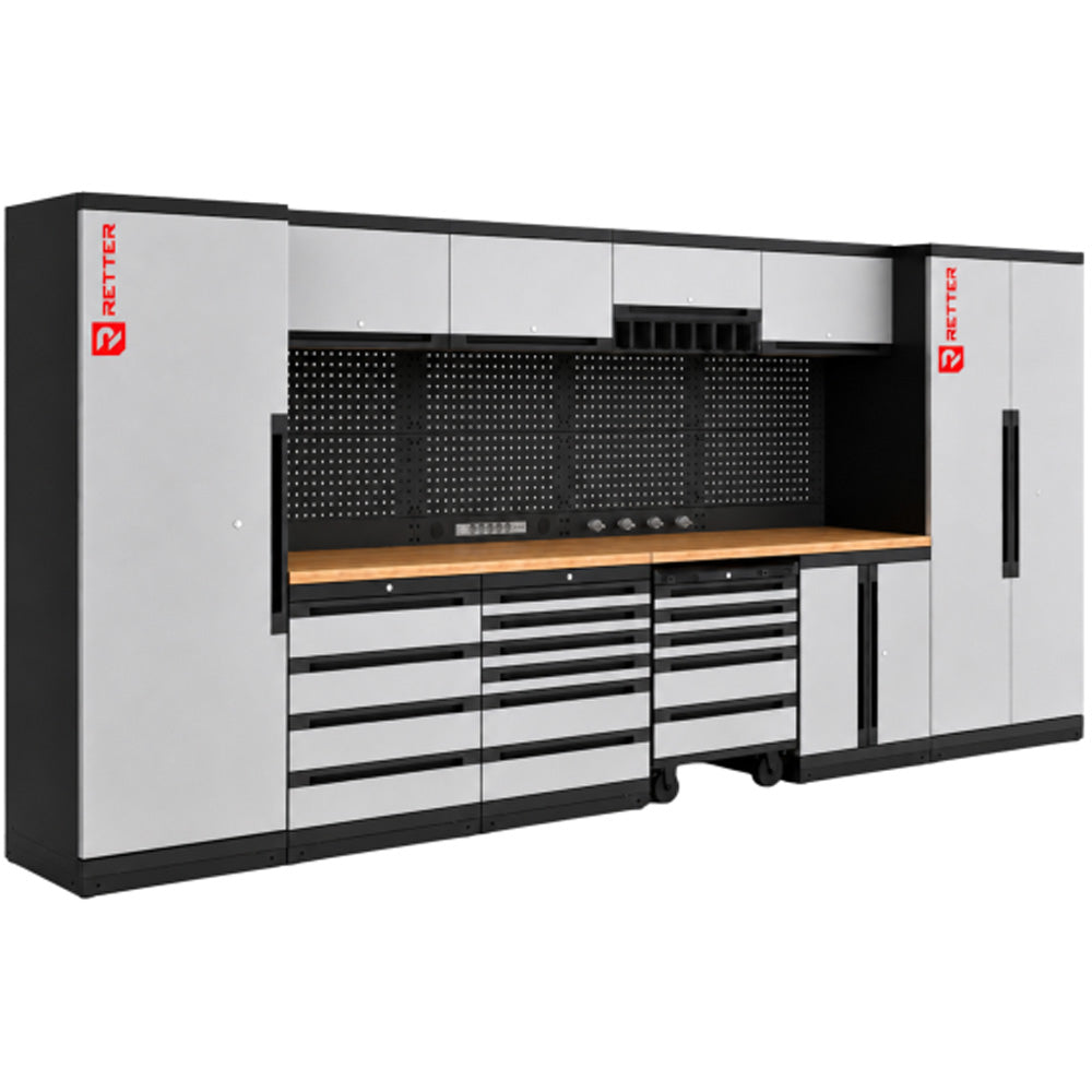 Retter RT-2000 workshop set consisting of standing cabinets, hanging cabinets and a wooden countertop.