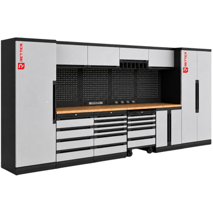 Retter RT-2000 workshop set consisting of standing cabinets, hanging cabinets and a wooden countertop.