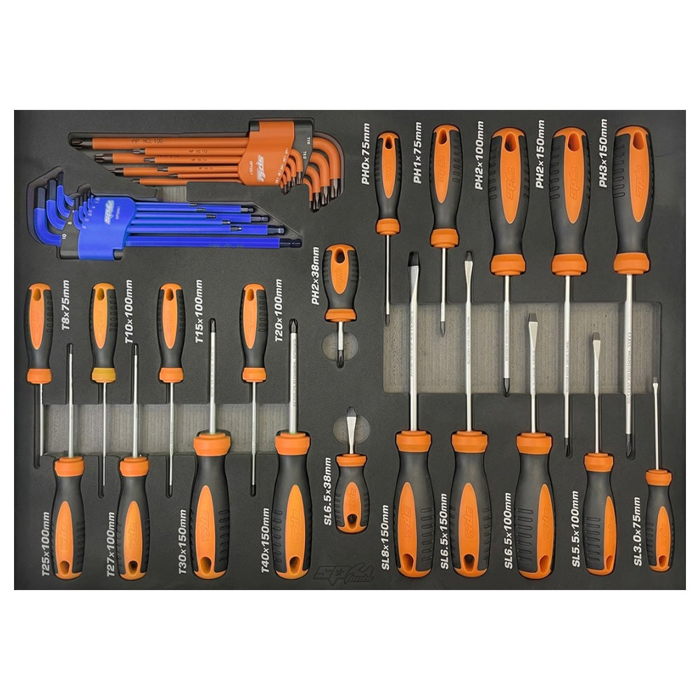 Zestaw wkretakow SP Tools SP00533 i kluczy imbusowych w czarnym wkladzie piankowym do szafki.